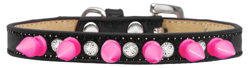 Crystal and Bright Pink Spikes Dog Collar Black Ice Cream Size 12